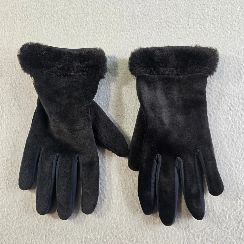 Weatherproof Gloves Womens Large Black Faux Suede Faux Fur Trim Elegant Stretch
